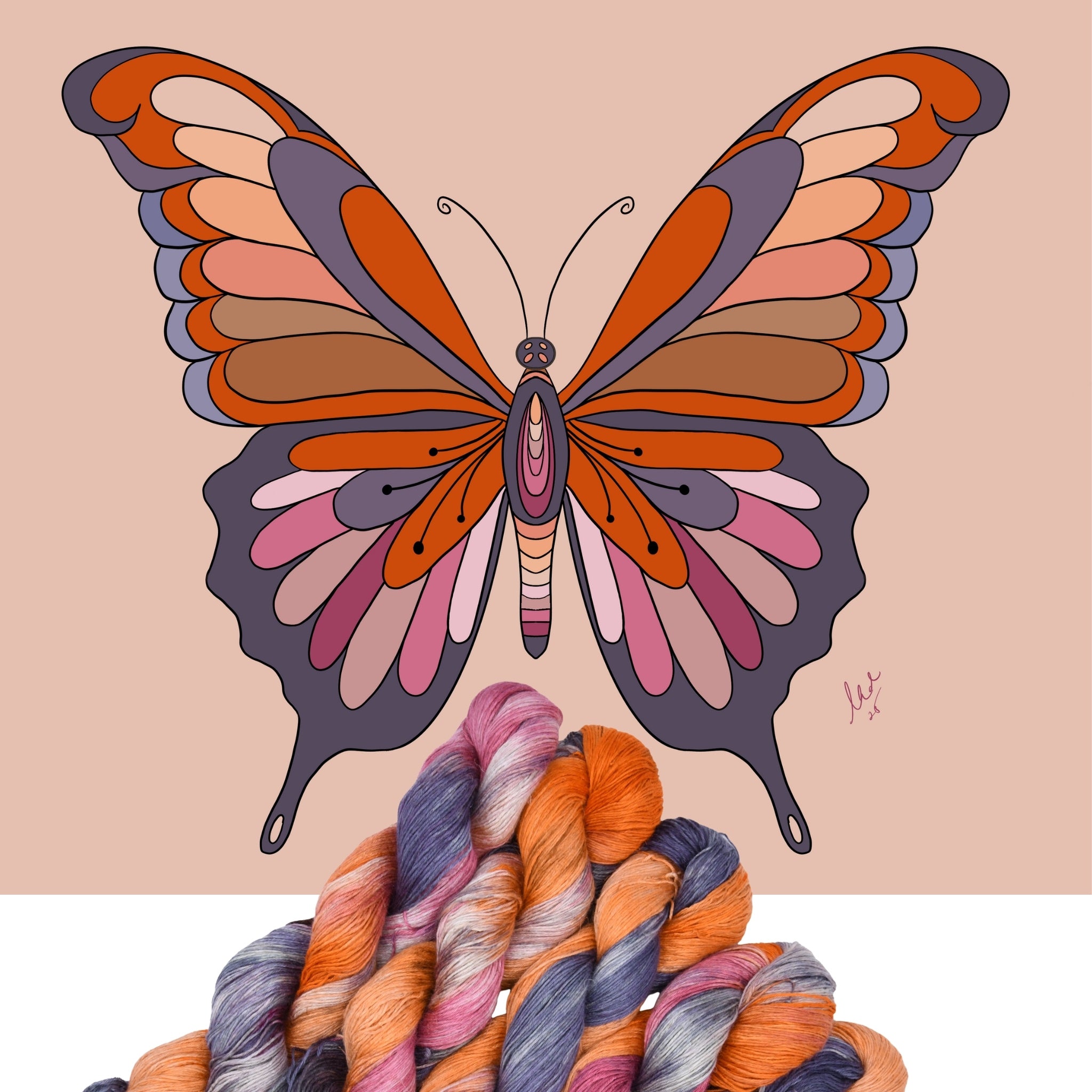 Colorful butterfly illustration on a beige background with yarn skeins in colorway Butterfly below.
