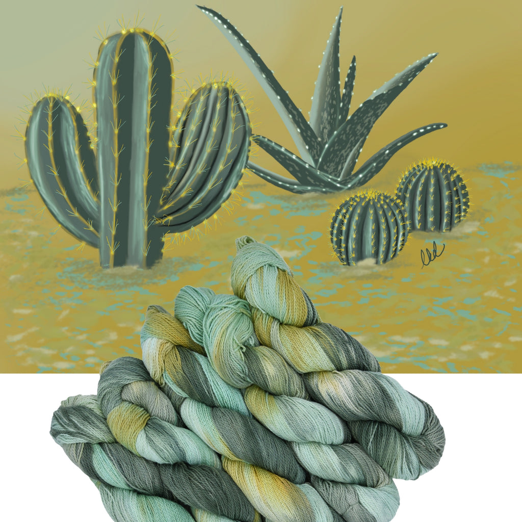 Hand dyed yarn skein in the Cactus What You Preach colorway featuring earthy cactus green tones.