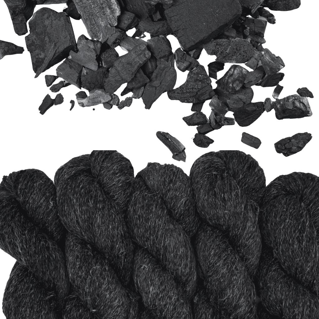 Photo showing yarn and charcoal Woolly Headed Ideas Sport Weight Wool and Hemp Hand Dyed Yarn in Colorway Charcoal