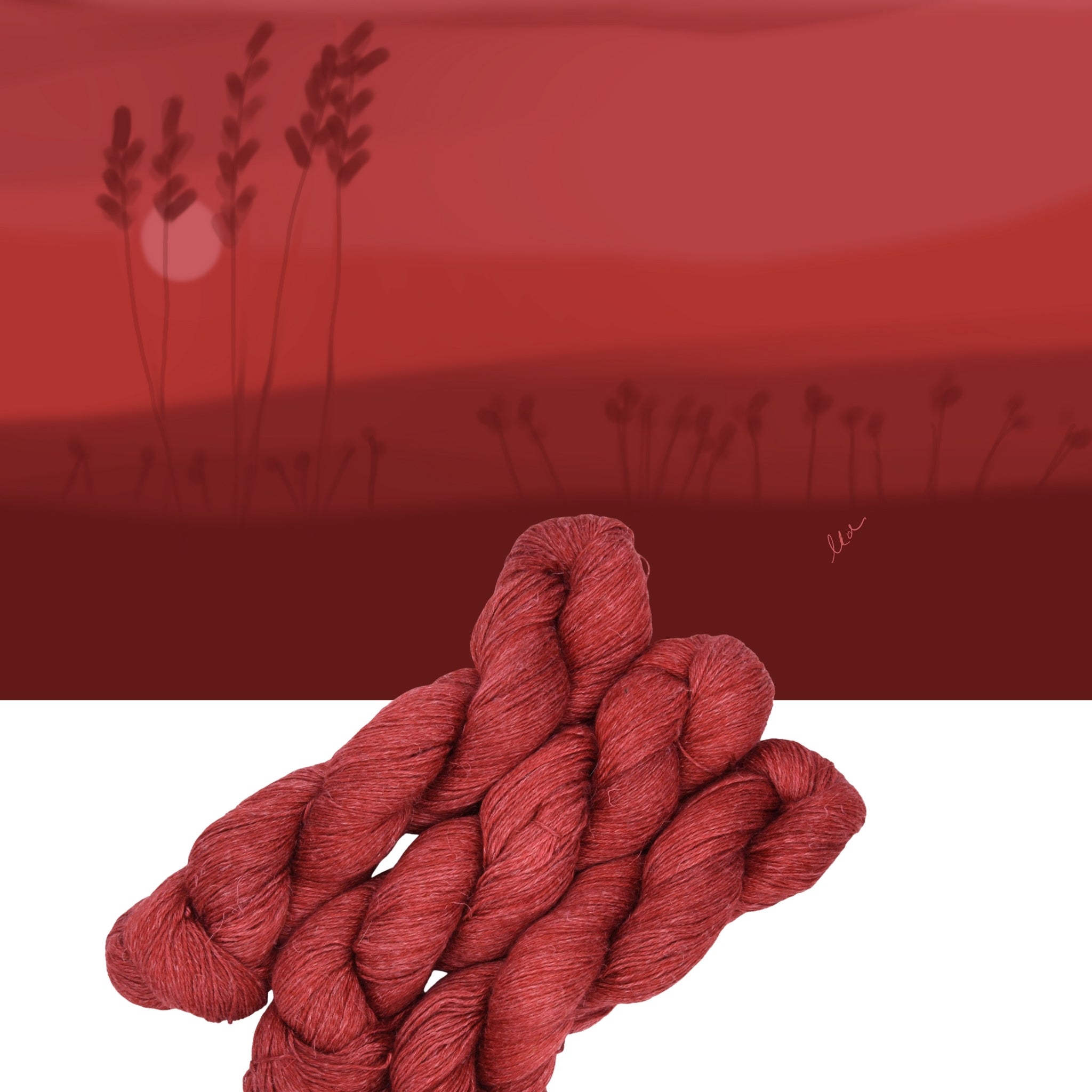 Hand dyed yarn skein in the Cold Today, Hot Tamale colorway featuring bold red tones with warm undertones on a red landscape