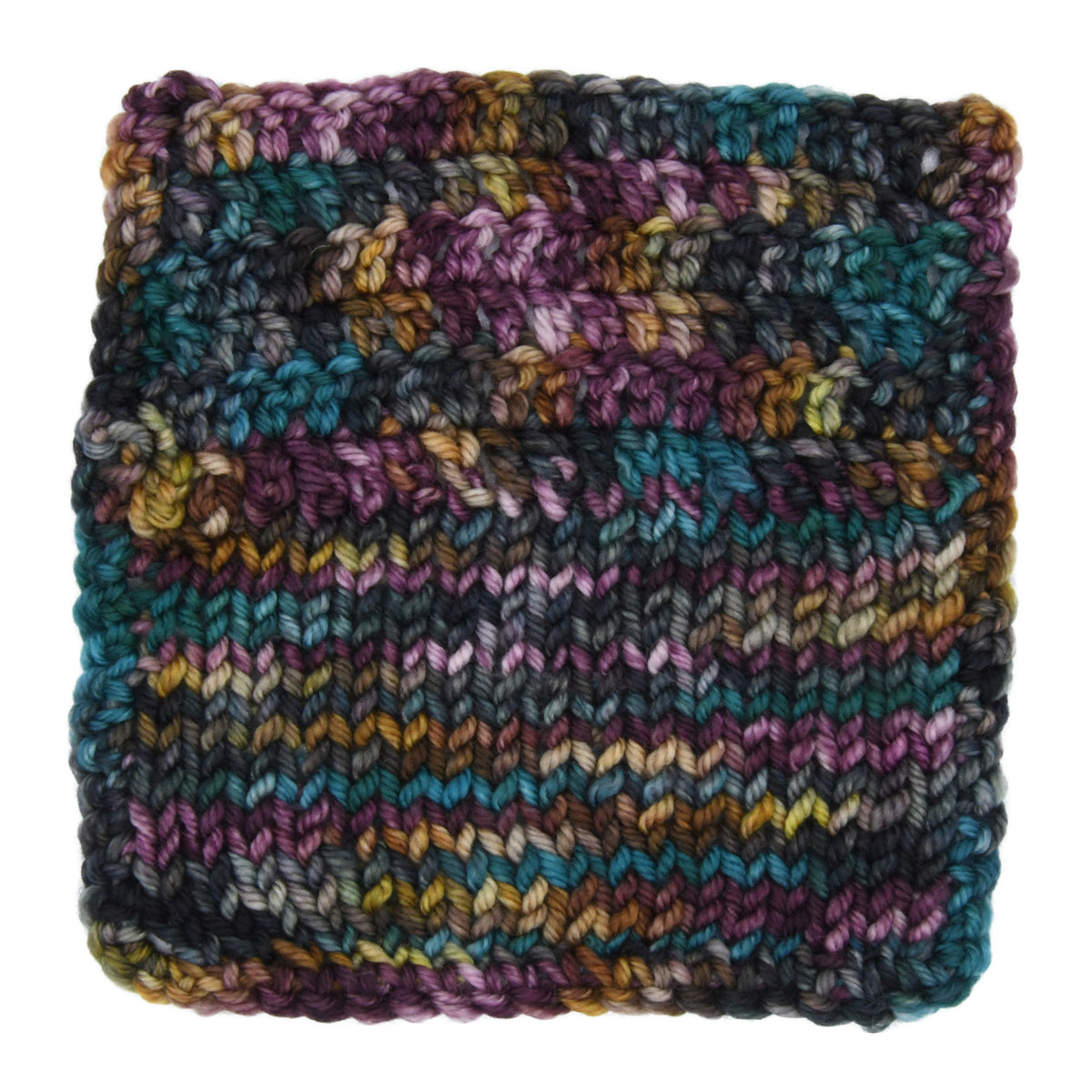 Knit and Crochet sample of Crown & Cloak hand-dyed yarn by Woolly Headed Ideas featuring a moody blend of black, dark gray, teal, green, olive, and a splash of gold.