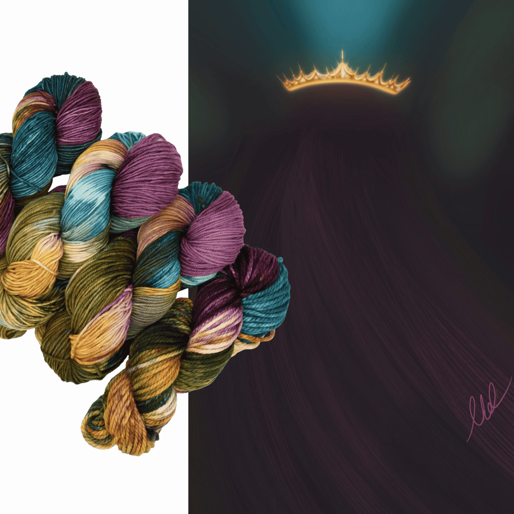 Crown & Cloak hand-dyed yarn by Woolly Headed Ideas in Fingering, DK, Worsted, and Bulky weights, featuring a moody blend of black, dark gray, teal, green, olive, and a splash of gold on a white background with inspiration photos