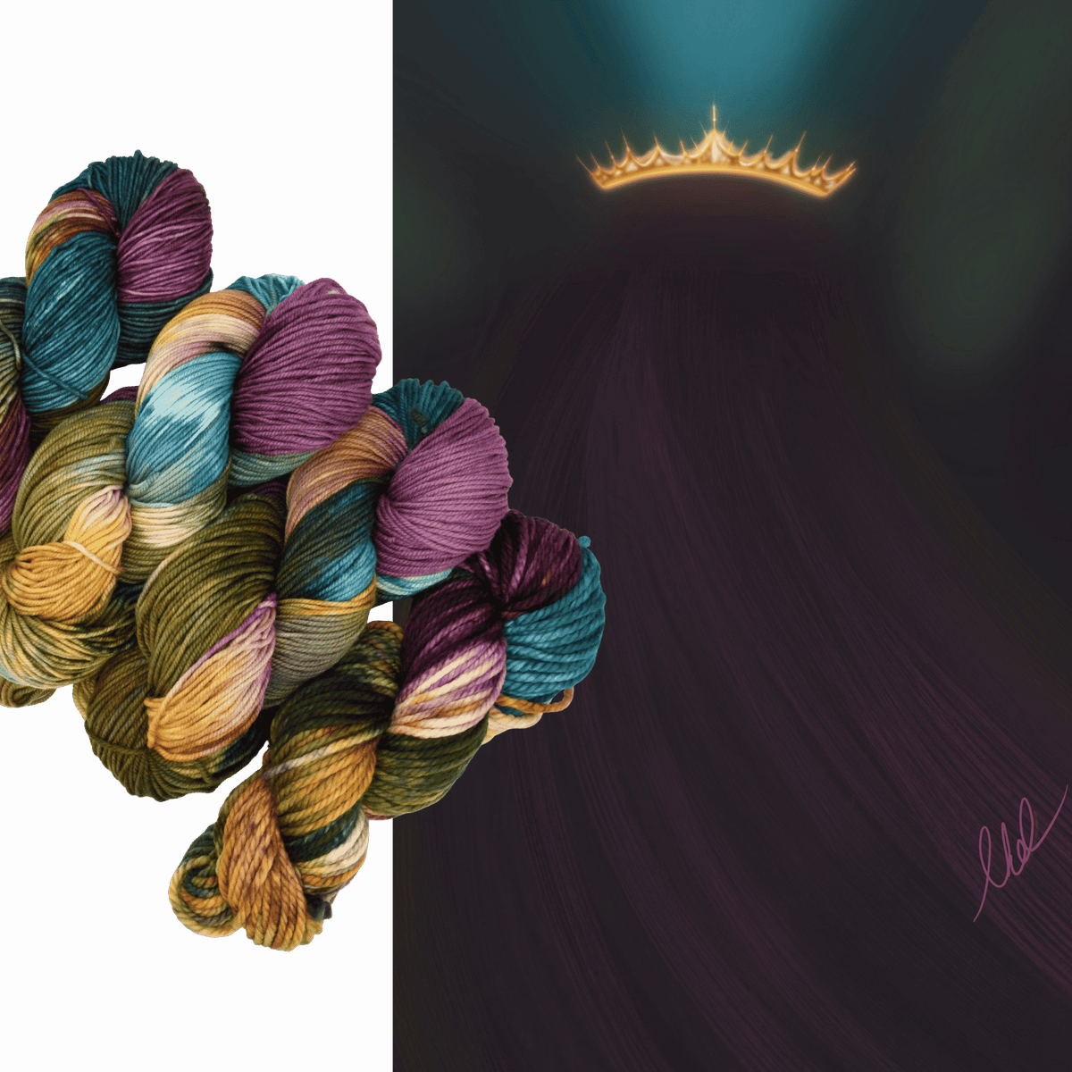Crown & Cloak hand-dyed yarn by Woolly Headed Ideas in Fingering, DK, Worsted, and Bulky weights, featuring a moody blend of black, dark gray, teal, green, olive, and a splash of gold on a white background with inspiration photos