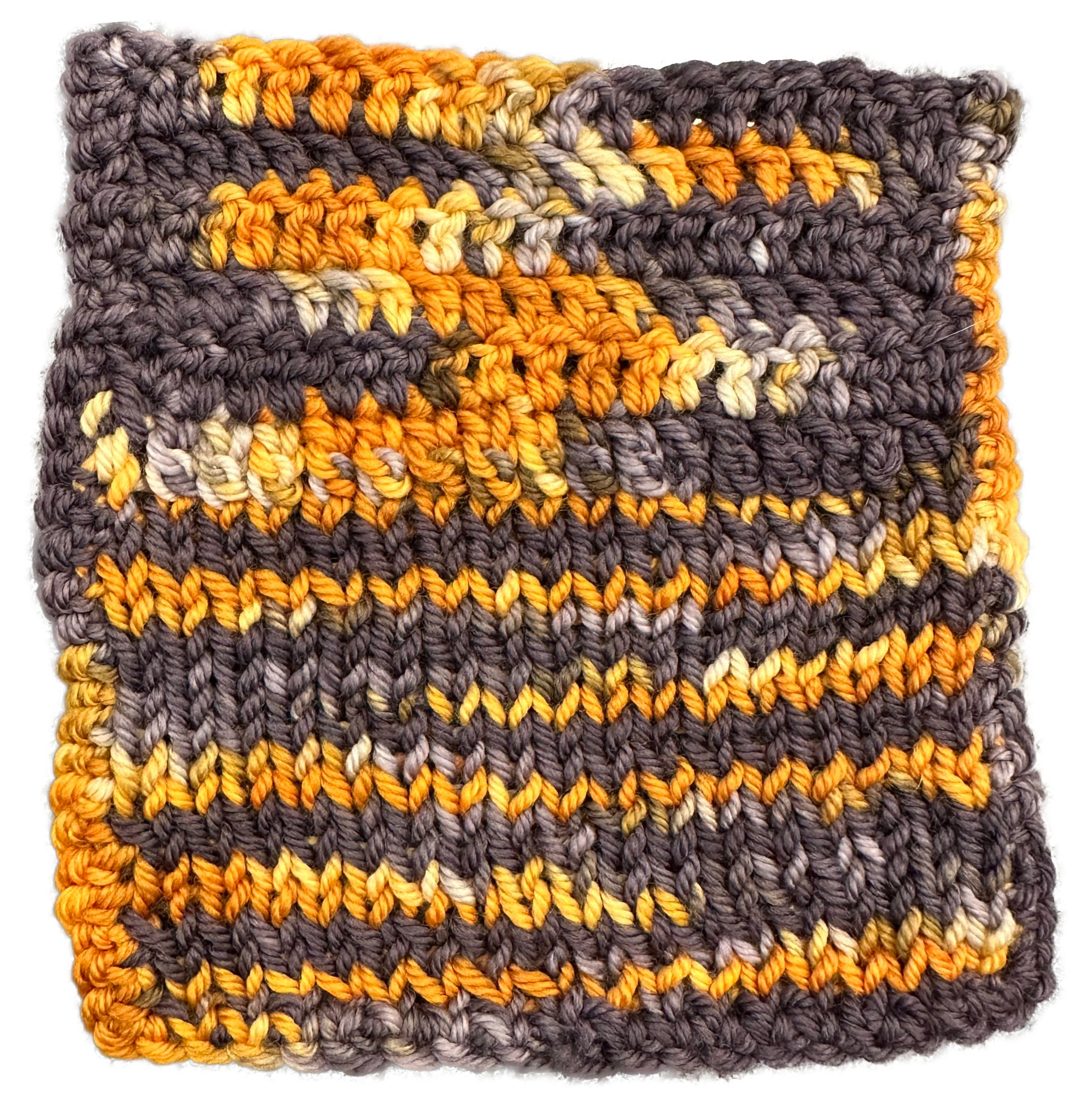 Knit and Crocheted square made with Woolly Headed Ideas DK Weight Yarn in colorway Driftwood & Dandelion featuring a pattern of yellow and gray yarn on a white background