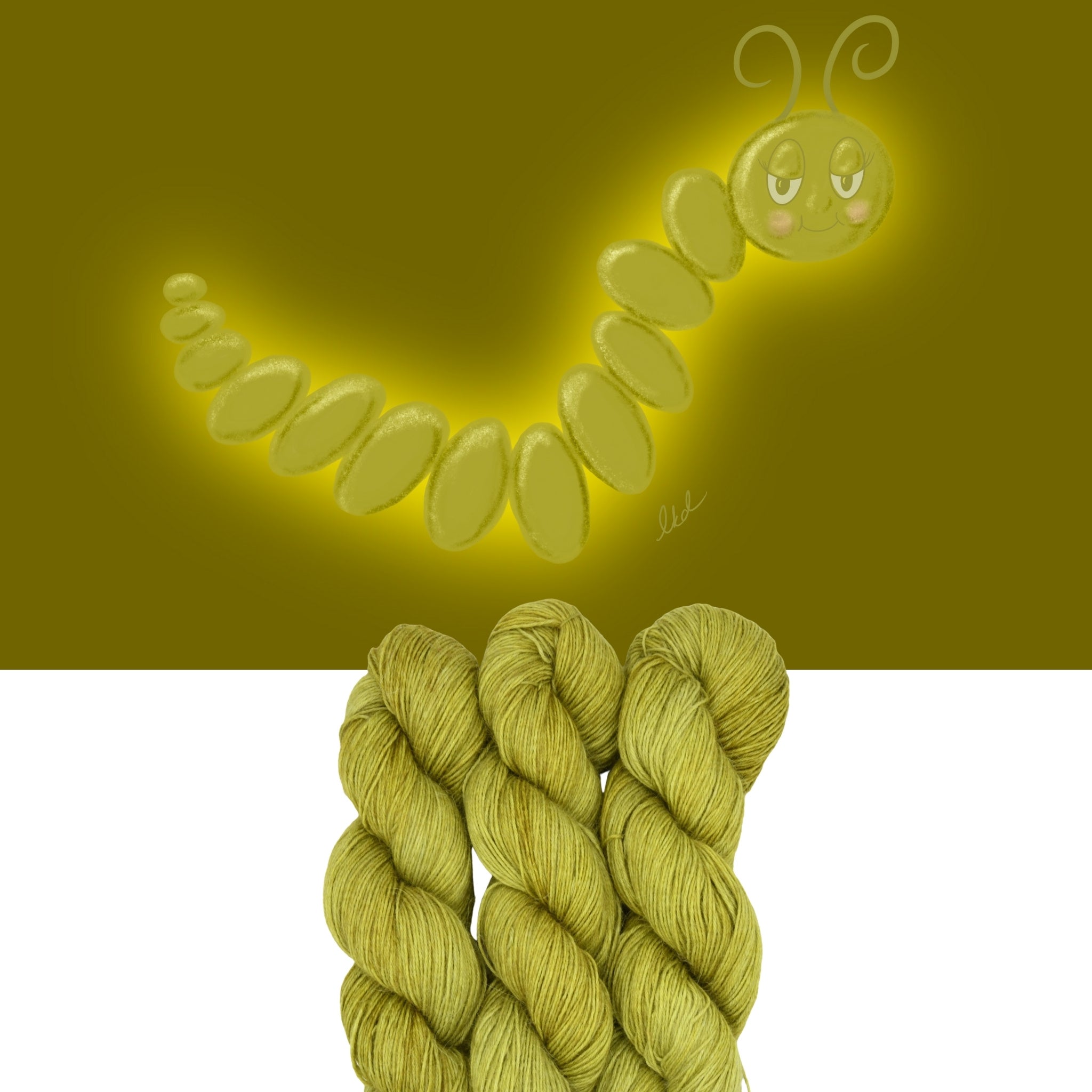 Green hand-dyed yarn skeins with a cartoon caterpillar on a green background