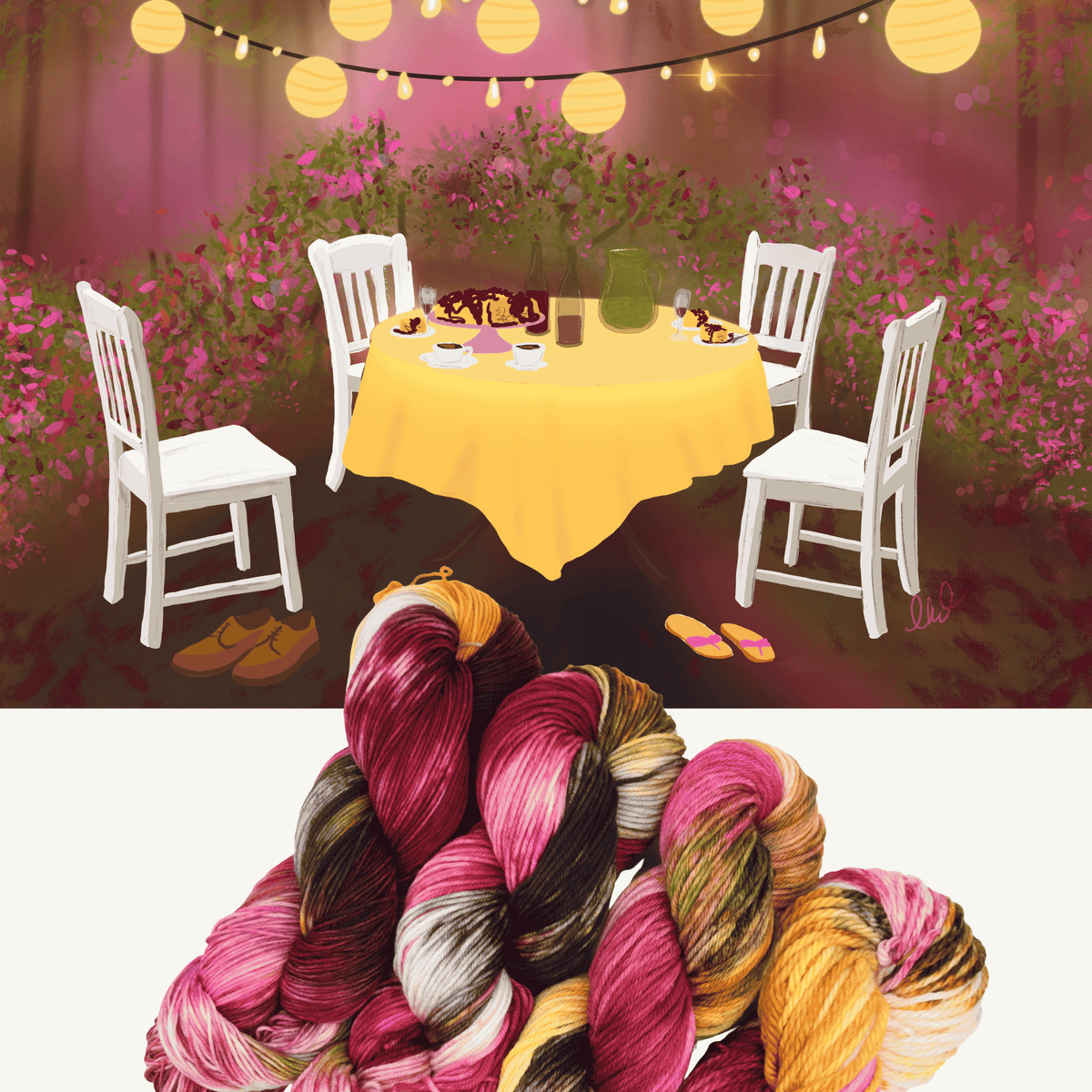 Inspiration drawing for Gordon’s Garden Party hand-dyed yarn by Woolly Headed Ideas. Bottom half shows yarn in  fingering, DK, Worsted, and Bulky weights on a white background