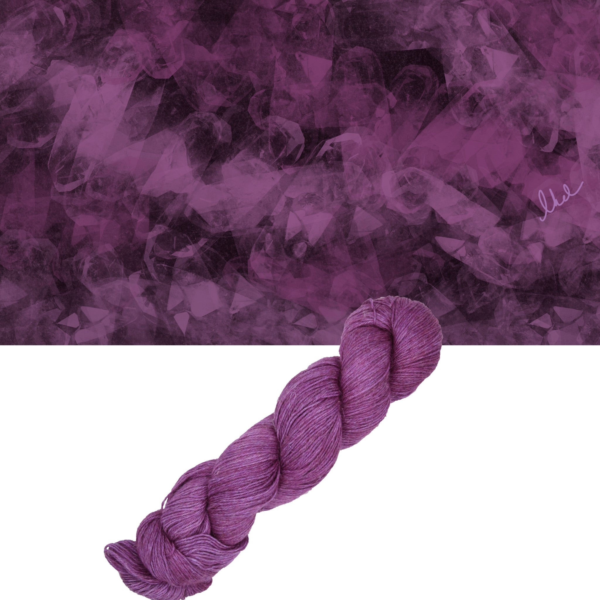 Hand dyed yarn skein in the I Am What I Amethyst colorway featuring layered amethyst tonal shades.