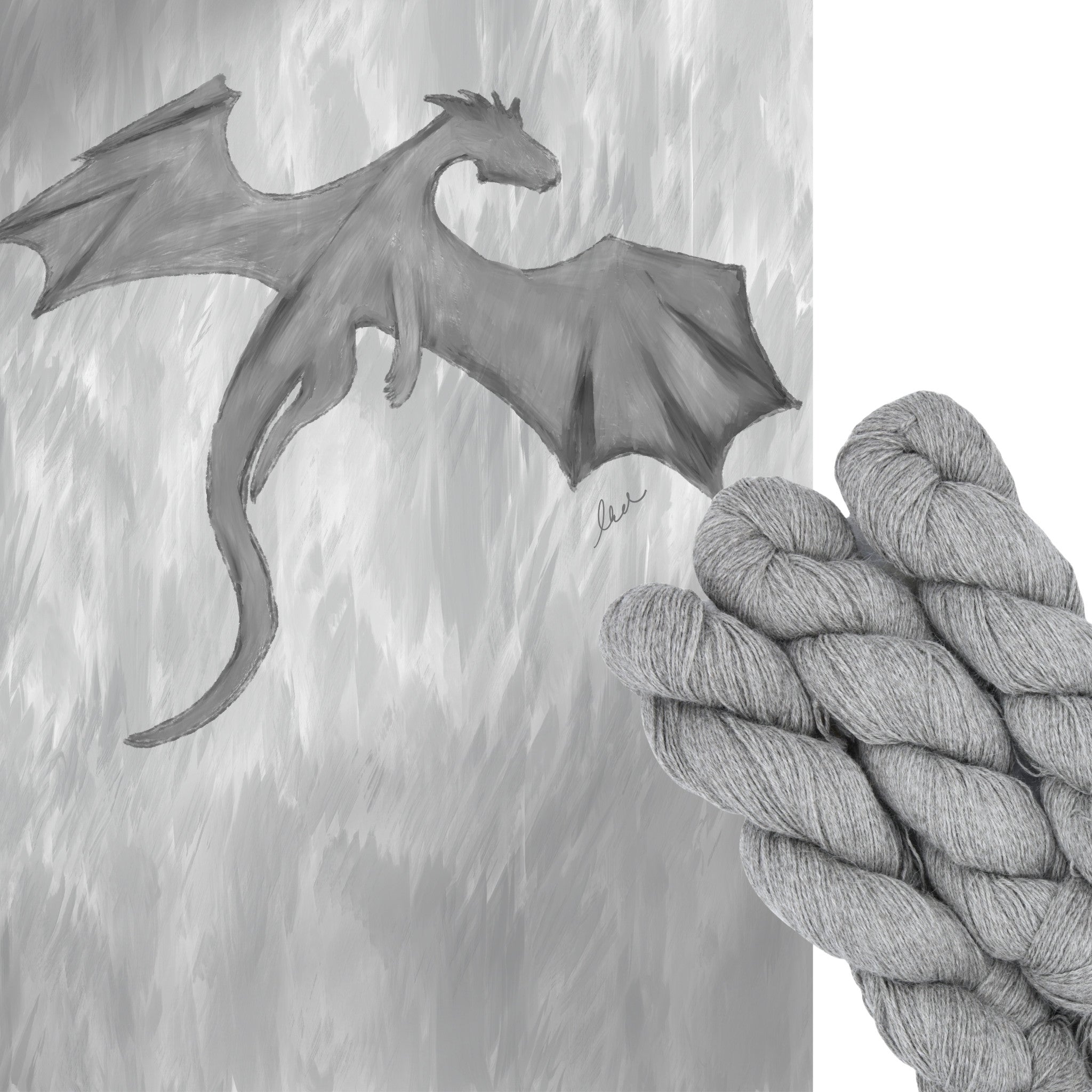 Hand dyed yarn skein in the I Slate a Dragon! colorway featuring a soft light gray tone on a flying dragon background.