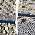 Close-up of knit and crocheted Sampler Scarf showing stitch texture on a white background