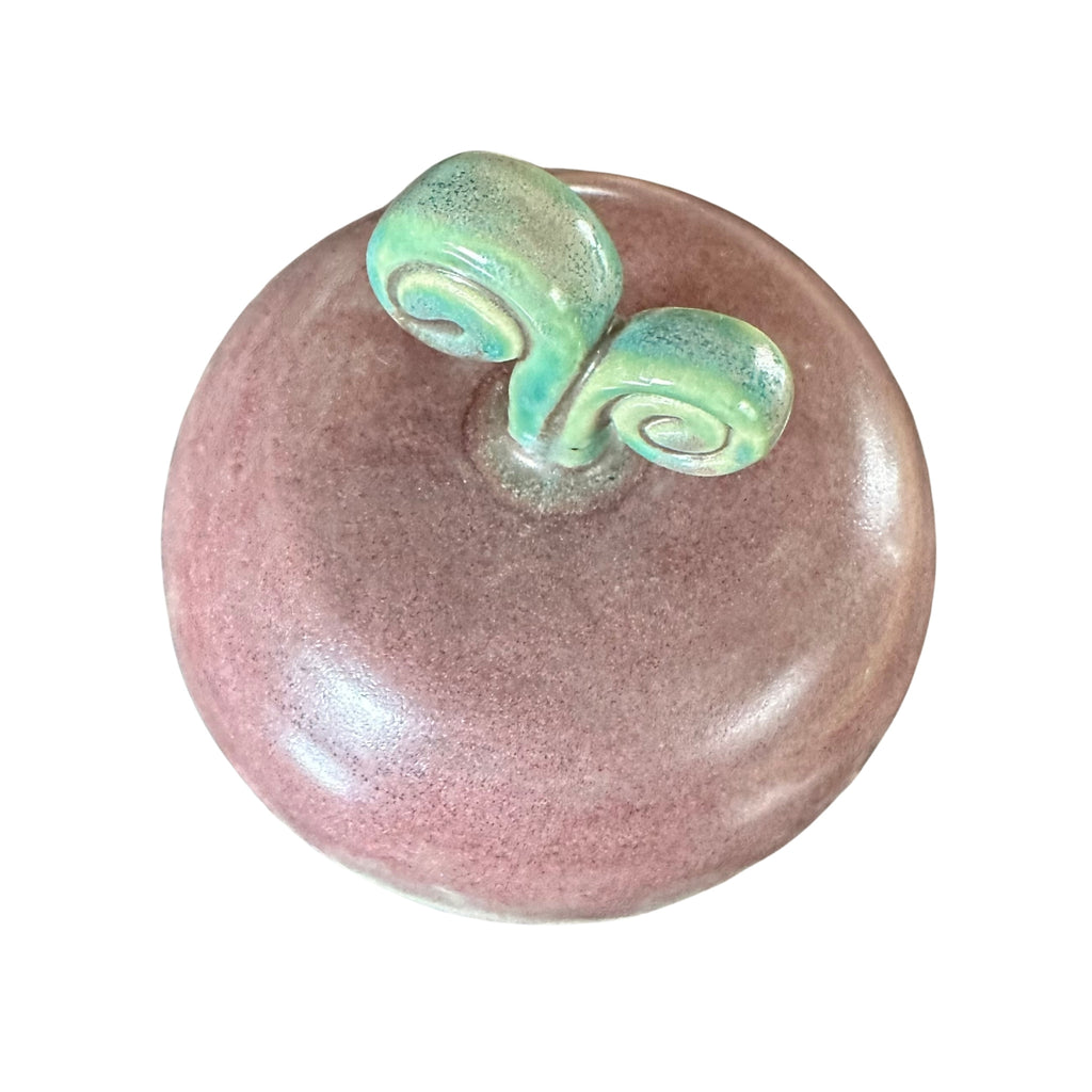 A small round ceramic jar lid with a purple body and a green stem handle, shown on a plain white background.
